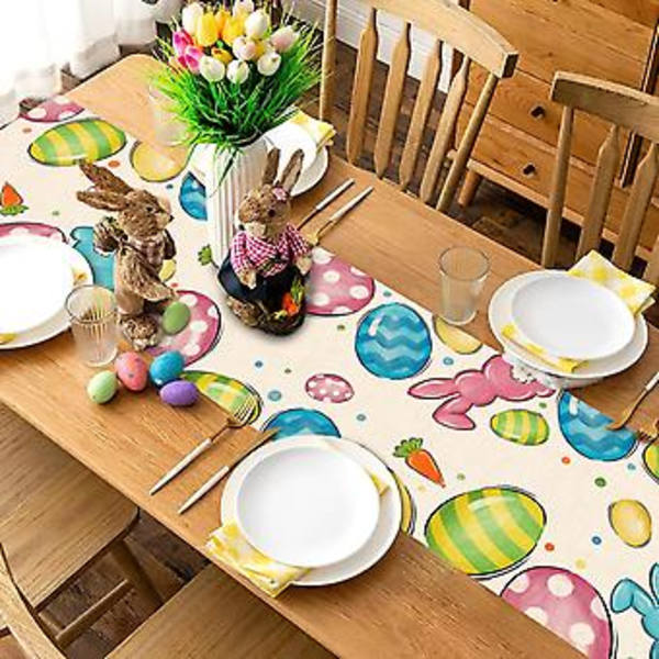 Påskägg Kanin Dukskydd, Rolig Kanin Morot Söt Köksbord Dekoration, Färgglada Polka Dot Vår Burlap Heminredning Inomhus Utomhus Semesterfest Sup