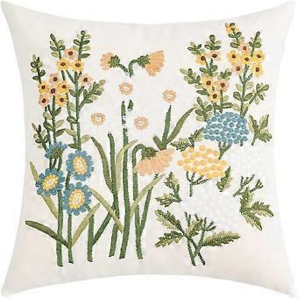 Landelig Broderte Bomullsstoff Puter Trekk Vår Blomster Broderi Putetrekk Putetrekk for Sofa Sette Soffa Seng (Blomst A, 18\"x18\")