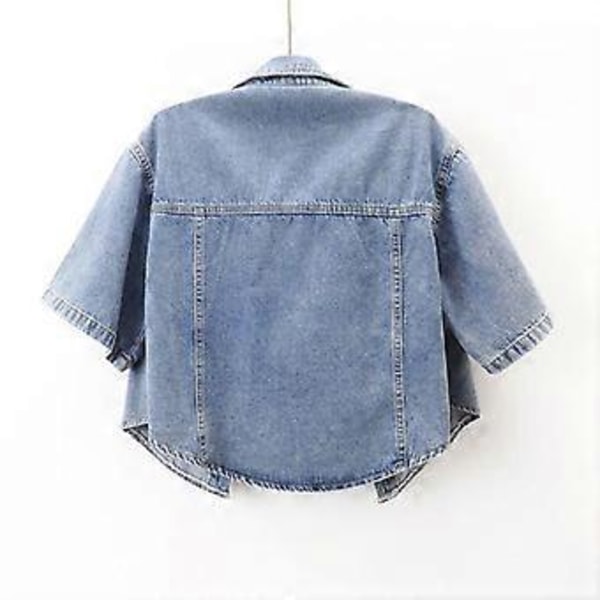Denimjacka för Kvinnor Sommar Lös Enkelknäppt Nedvikt Krage Kortärmad Jacka Koreansk Mode Kort Jacka (L blå)