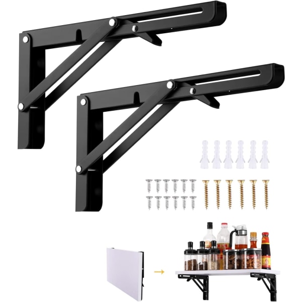 Folding Bracket 350mm, 2 Pieces Black Foldable Console Bracket, Folding Shelf Brackets Load, Heavy D