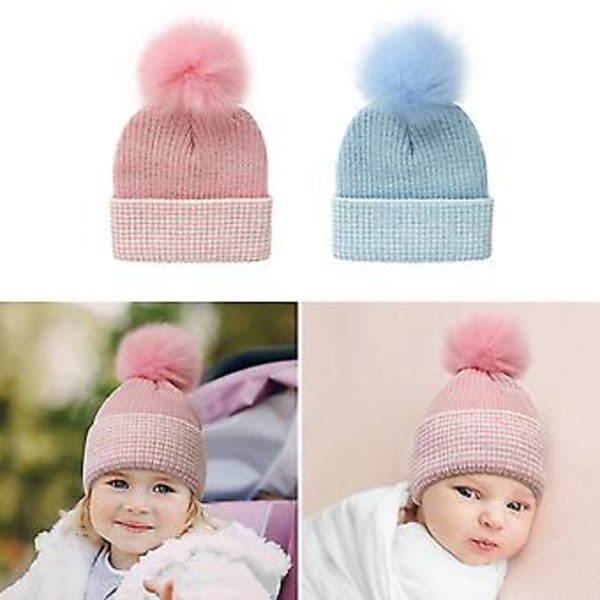 Vinterlue Varmt Strikket Lue for Småbarn, Gutter og Jenter, med Hårete Striper (M rosa og hvite striper)