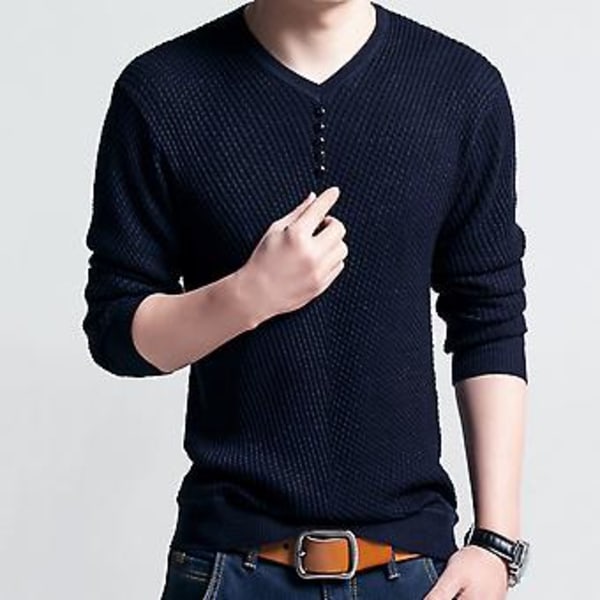 Fianao Chic Mænds Ensfarvet V-hals Langærmet Trøje Slim Fit Strikket Trøje Bluser (XXXL Sort)