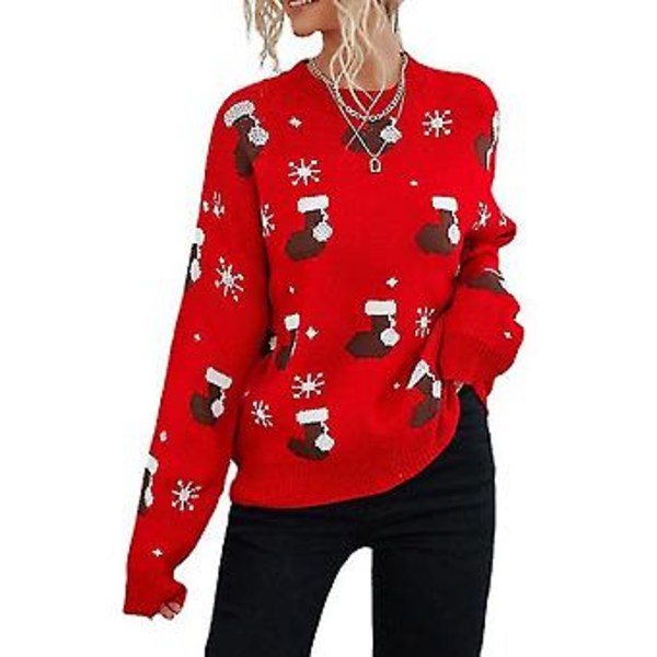 Julkläder för kvinnor, jultröja med strumpor och hattmönster, varm stickad tröja ( )