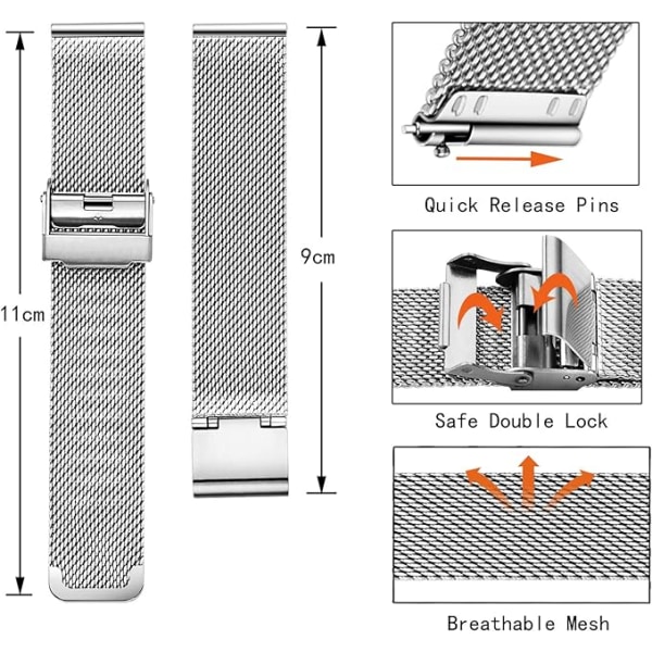 20mm Snabbkoppling Rostfritt Stål Mesh Klockarmband för Män och Kvinnor