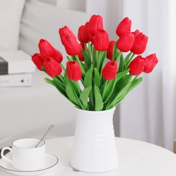 Set med 10 stycken, röda konstgjorda tulpaner, konstgjorda blommor, sena