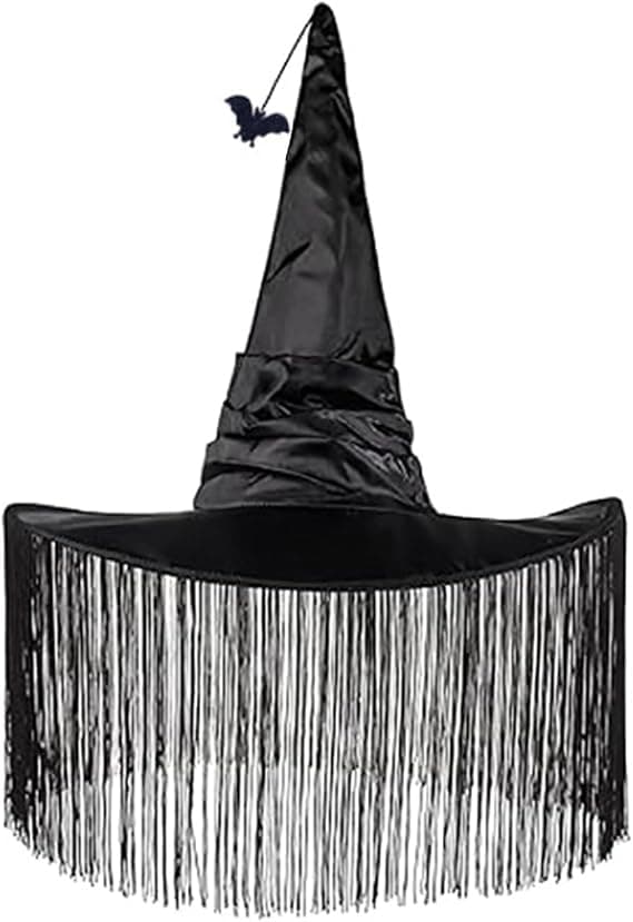 Halloween COS Troldmands-/Heksehat, Maskeradebal og Rollespilsfester, Sort Flagermus-trykt Frynset Spids Hat