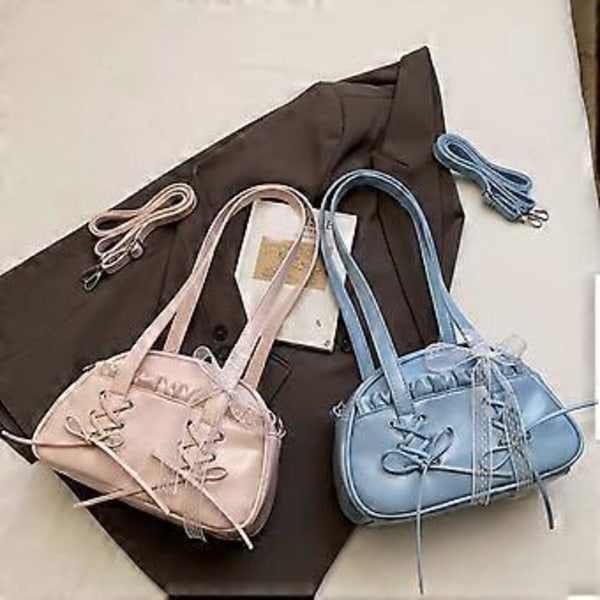 Fashionabel axelväska med spetsdetaljer och rosett, PU-läder, crossbody-väska, avslappnad underarmsväska för kvinnor, blå (blå)