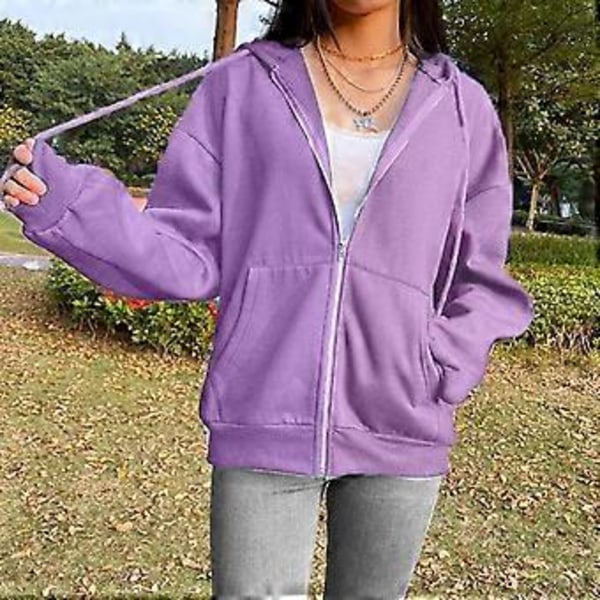 Hættetrøje med snøre, lange ærmer, lommer og lynlås, efterår ensfarvet dame sweatshirt jakke (S lilla)
