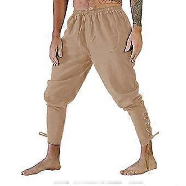 Retro Herr Solid Vadbandade Byxor Renässans Medeltida Piratkostym Byxor (3XL Khaki)