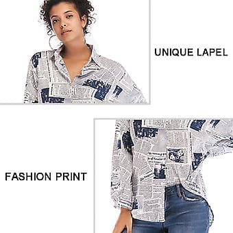 Dame Printede Skjorter Avisprint Langærmede Bluser (M Sort) Black M