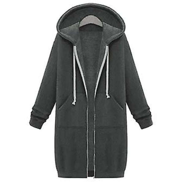 Afslappet Kvinders Lange Hoodies Sweatshirt Frakke Lynlås Yderbeklædning Hættejakke Yderbeklædning Toppe-b (L Mørkegrå)