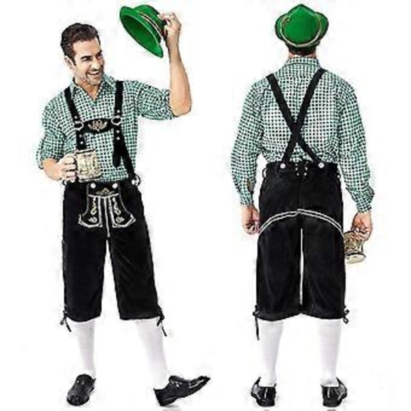 Saksalainen perinteinen miesten Oktoberfest-asu ruutupaita brodeeratut olkaimet hattusetti (L vihreä)