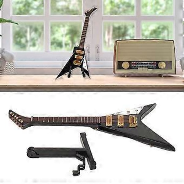 Miniatyr Elektrisk Gitarr i Trä med Ställ Svart Mini Musikinstrument Dockhusmodell Dekoration 18,5 cm