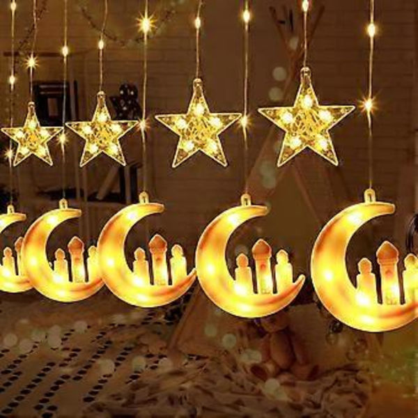 95 LED Ramadan-ljusslingor Dekorationer LED Stjärna Måne Gardinlampor för Sovrum Hem Utomhus Eid-lampor med USB-fjärrkontroll 8 Belysningslägen Eid