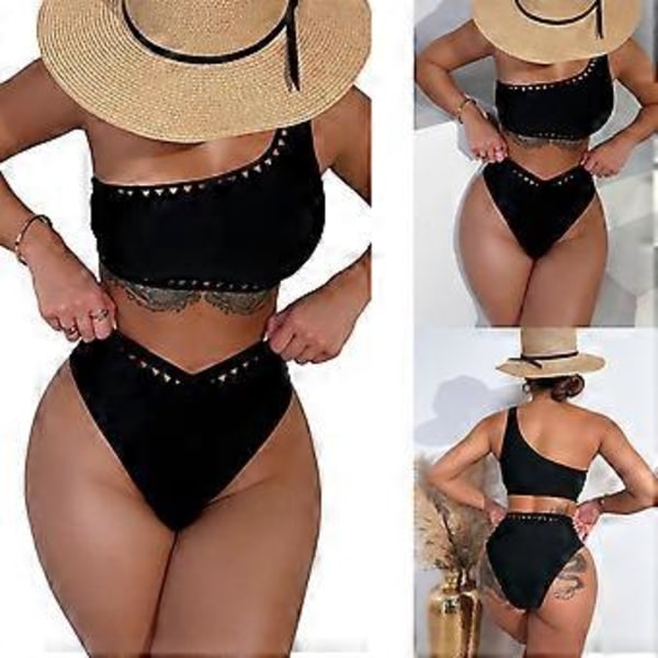 Yksiolkaimiset bikinisetit naisille, korkeavyötäröiset, peittävät uimapuvut, ribbineulotut push-up kaksiosaiset uima-asut M(M )