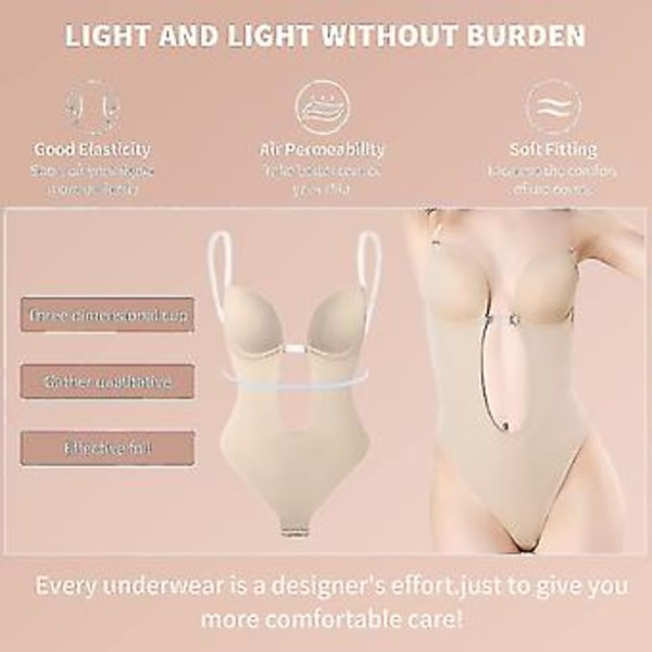 Kvindes Dyb V-hals Body Shaper Stropløs Rygløs Bodysuit Shapewear (S Beige)