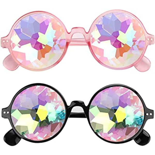 2 delar Rainbow Kaleidoscope Solglasögon (svarta, rosa), Rave Festival Party Glasögon