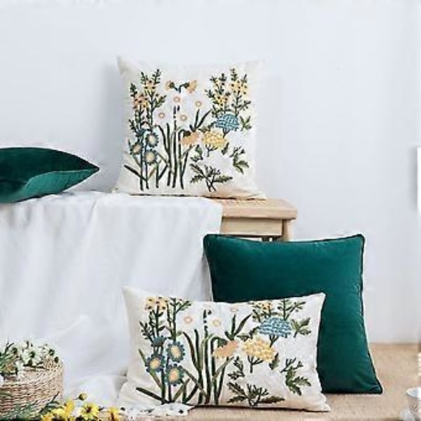 Landelig Broderte Bomullsstoff Puter Trekk Vår Blomster Broderi Putetrekk Putetrekk for Sofa Sette Soffa Seng (Blomst A, 18\"x18\")