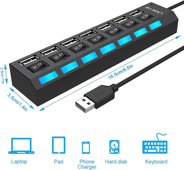 Multi-Port USB-splitter, 7-Port USB 2.0 Hub, USB A Data Hub med