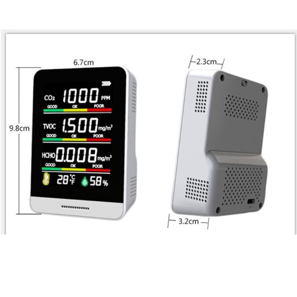 Luftkvalitetsmonitor, 5 i 1 kuldioxid CO2 HCHO TVOC detektor, temperatur fugtighed gasanalysator