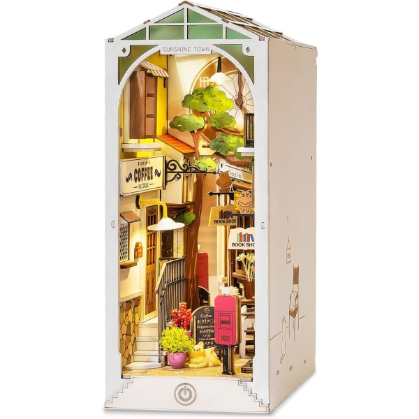 DIY Book Nook Kit, Sunshine Town, Wooden Dollhouse, Pusselbyggnadsmodell med LED-lampor Hylla Deco