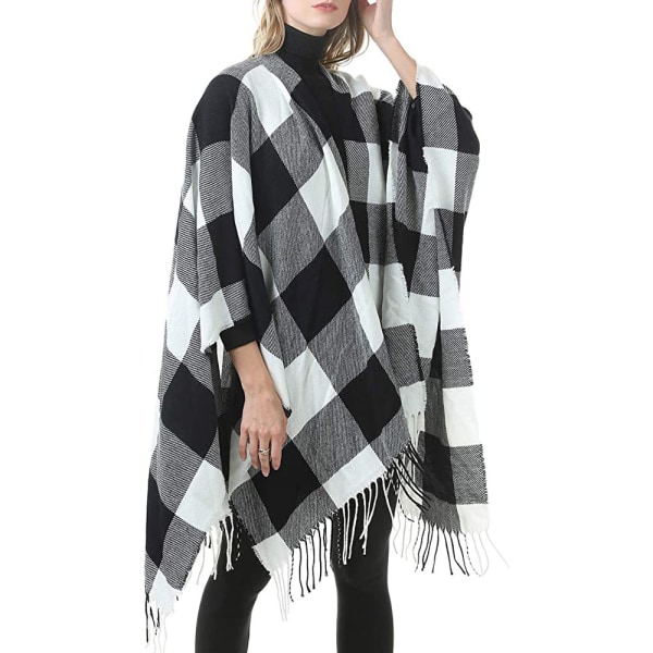 Dame Varm Sjal Wrap Åpen Front Poncho Cape Fargeblokk Sjal