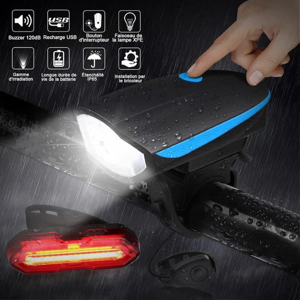 LED cykellys, USB opladning for- og baglys, IPX5 vandtæt