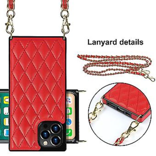 iPhone 14-fodral med kedja i PU-läder Datura Diamond Lattice (Röd)