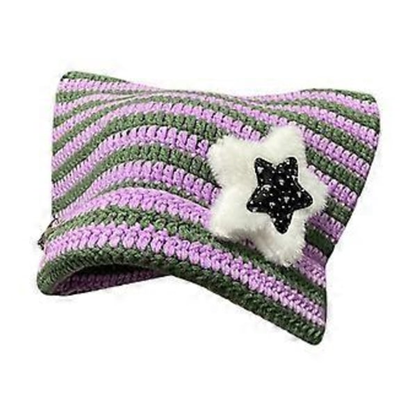 Neulottu raidallinen pipo roikkuvalla tupsulla, tuulenpitävä pipo, korvat suojaava pipo, lämmin pörröinen talvineulottu pyöräily- ja hiihtotarvike (Taro Purple)