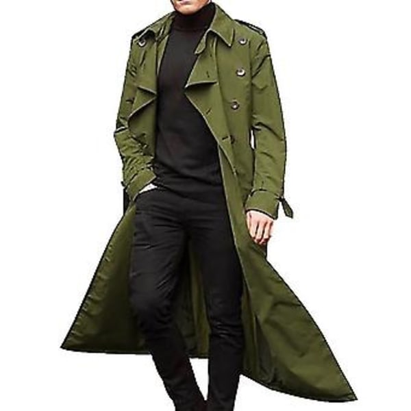 Mænd Lang Trenchcoat Lapel Overfrakke Casual Jakke Almindelig Yderbeklædning Toppe (M grøn)