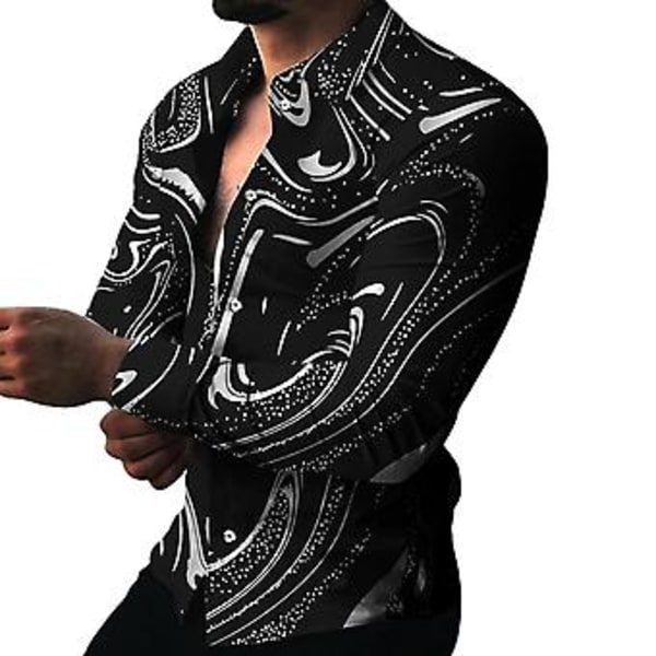 Fianao Herrskjorta Långärmad Nedåtvänd Krage Färgstark Tryckt Enknäppt Sommar Topp Herr Klubbkläder (2XL Svart)