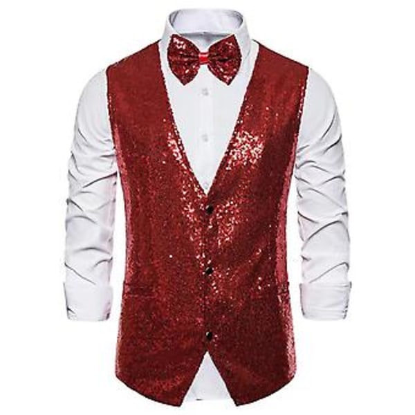 Väst för män, scenframträdande, konferencier, glittrande paljetter, slim fit, V-ringad, ärmlös, enkelknäppt, med rosett (L vinröd)