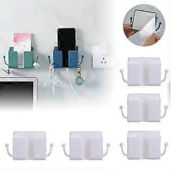 5 stycken fjärrkontroll mobiltelefon plugg vägg hållare, väggmonterad mobiltelefonhållare för sovrum (vit)