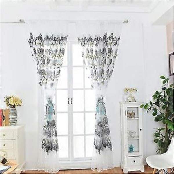 Voile Gardiner Paneler Tyll Offset Trykk Peonmønster Skygge Drapering for Stue (1)(Grå-100x200cm)