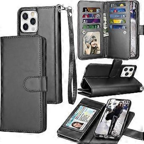 Plånboksfodral för iPhone 13 Pro Max (6,7 tum) 2021 Lyxigt ID Kontanter Kreditkortsfack Hållare Bärväska Folio Flip PU Läder - Svart