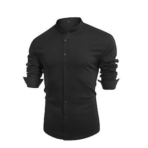 Mænds Efterårsskjorte Slim Fit Knapliste Stående Krave Ensfarvet Enkeltbryst Blød Cardigan Formel Business Mænds Toppe til Arbejde (2XL Sort)