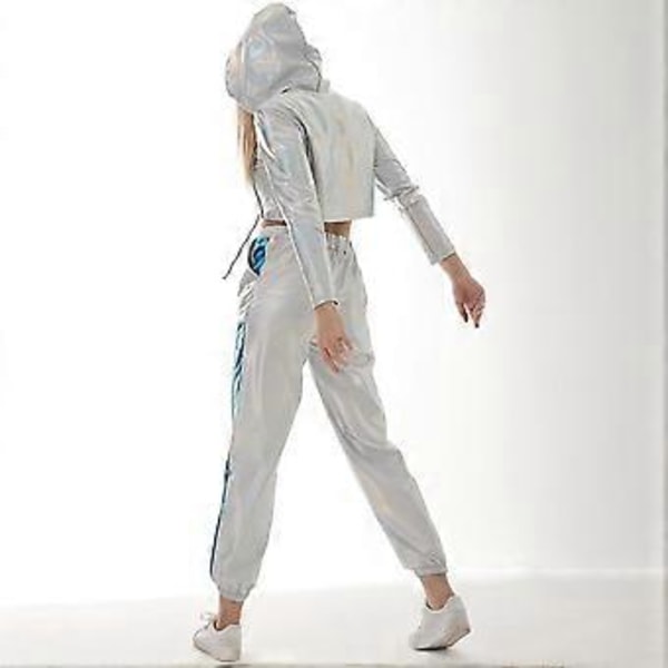 Rave-outfit för damer, glänsande crop top-hoodie, metalliska avslappnade långbyxor, hoodie-träningssweatshirt, discodans-klubbkläder (XX-Large Holographic Silver -Blue)