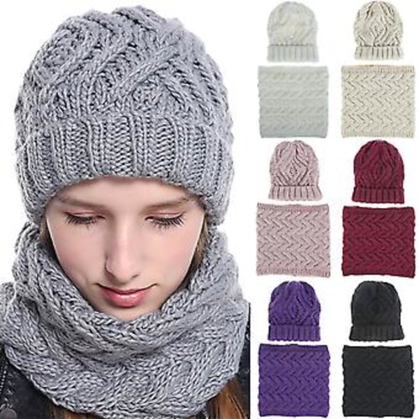 Naisten Hattu + Huivi Setti Talvi Paksu Neulotu Beanie Lakki Kaulahuivin Sarjat (Beige)