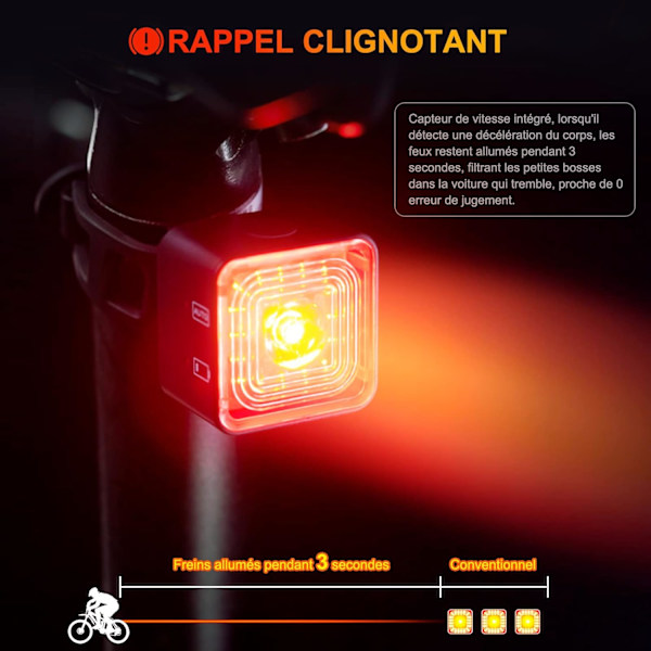 For- og baglygte til cykel, LED-cykellygte, bremseadvarsel, USB-genopladelig