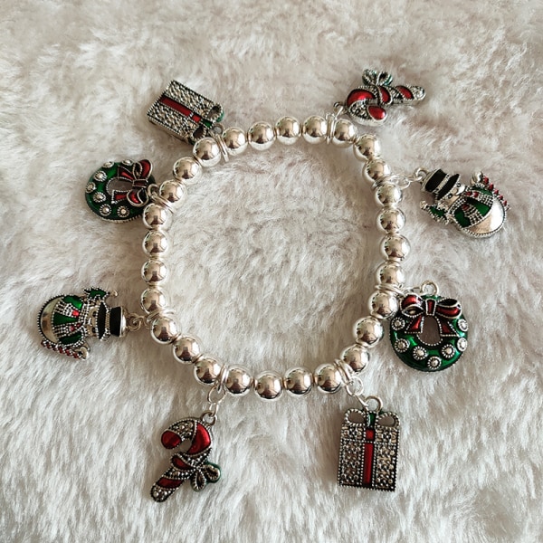 Vintage Christmas Silver Charm Beads Beaded Stretch Armband Stra