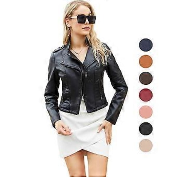 Damjackor Nitar Faux Läder Kavajslag Dragkedja Bomberjacka Kort Slim Fit Motorcykeljacka Casual Street Ytterkläder (L brun)