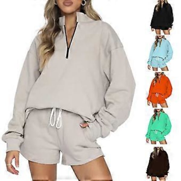 Naisten Oversized 2-osainen oleskelusetti, pitkähihainen vetoketjullinen pystykaulus huppari, collegepaita, shortsit, asu, verryttelypuku, oranssinpunainen S (S oranssinpunainen)