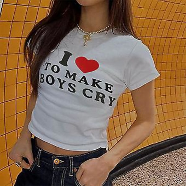 100% Ny, T-shirt med bokstavstryck \"to Make Boys Cry\", mångsidig, avslappnad, kortärmad, stickad toppjacka, Ammoniak, vacker Cropped (M Vit)