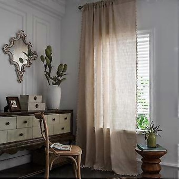 Naturligt Linnelook Texturerad Burlap Gardinstångsficka Chic Halv-Mörkläggande Bohemisk Handgjorda Kvastar Fönsterbehandling 1 Panel 59\" B x 72\" L