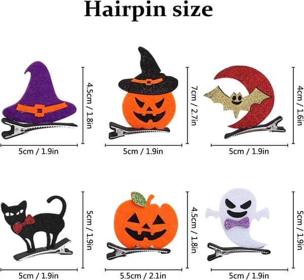 Halloween hårtilbehør, 6 par Halloween krokodilleklips,