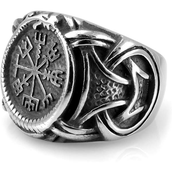 Vikingering i rustfrit stål med Vegvisir og keltisk knude.