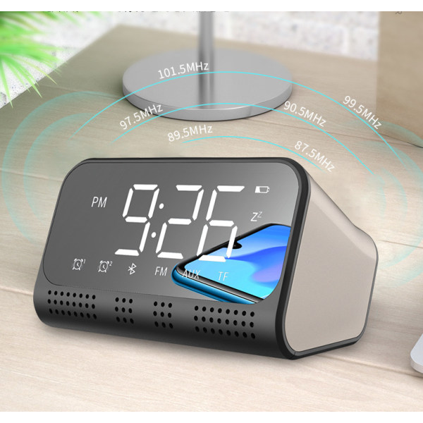Väckarklocka med Bluetooth-högtalare/bakgrundsbelysning/spegelskärm, D
