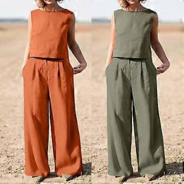Vår Sommar Enfärgad Rund Hals Tank Top Raka Byxor Fritid Vardagsdräkt för Kvinnor Shopping Camping Set Marinblå M(M Marinblå)