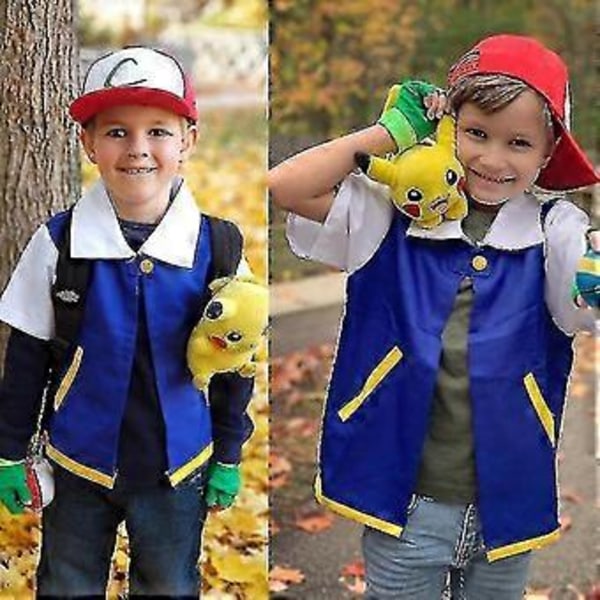 Män Anime Blå Jacka Kostym Pojkar Flickor Ash Ketchum Cosplay För Halloween Fest Kvinnor Tränare Keps Och Handskar Set-r (Barn 140)