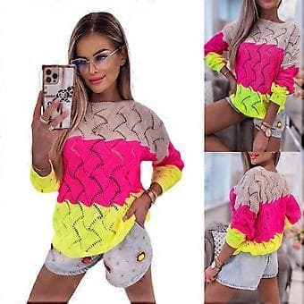 Dame 2023 Søde Elegante Bløde Bådhals Lange Ærmer Hulstrikket Pullover Trøjer Fuchsia M M